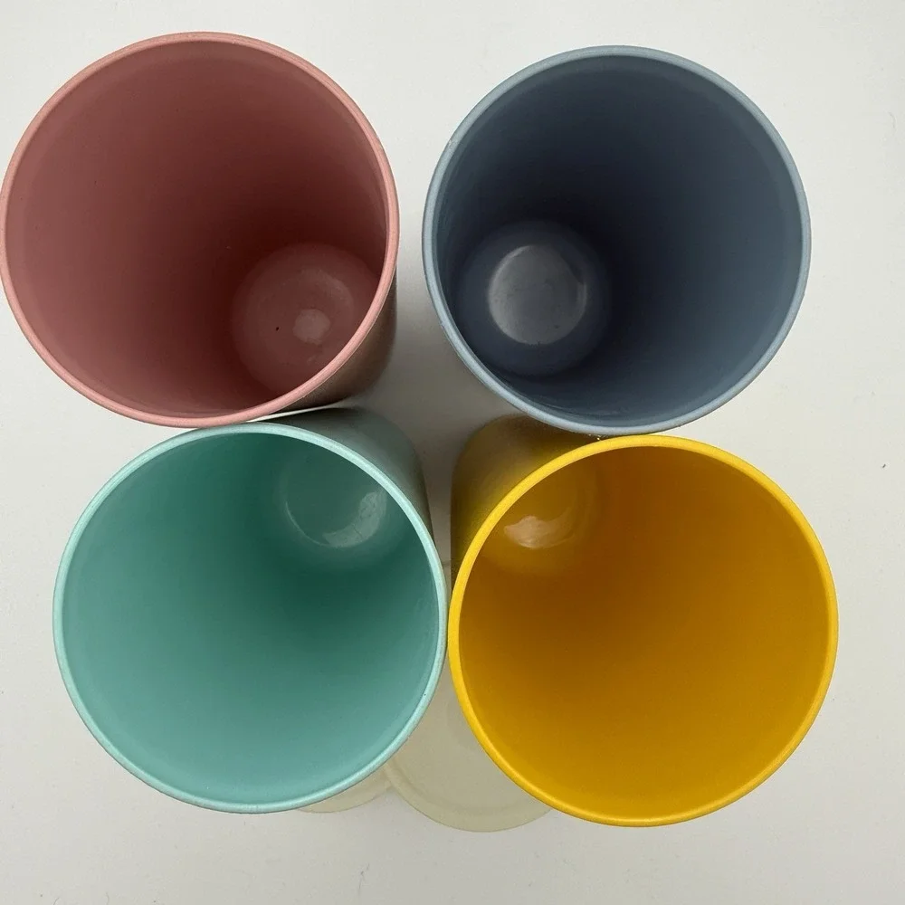 Set Of 4 Vintage Tupperware #1348 Tumbler Cups W/Lids Stackable Yellow Pink Blue
